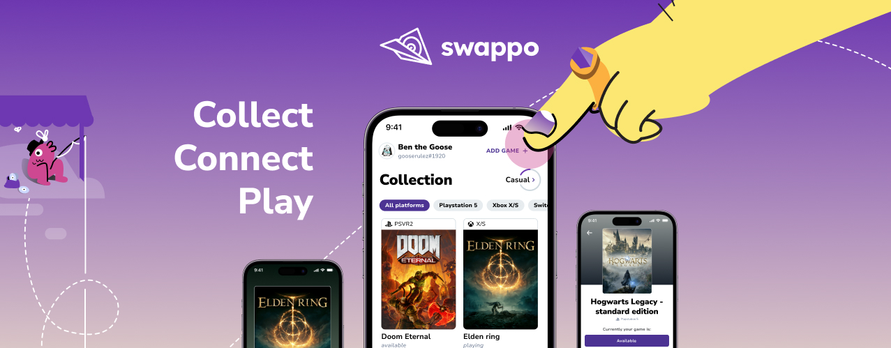 Example screens of Swappo app with the text Collect Connect Play