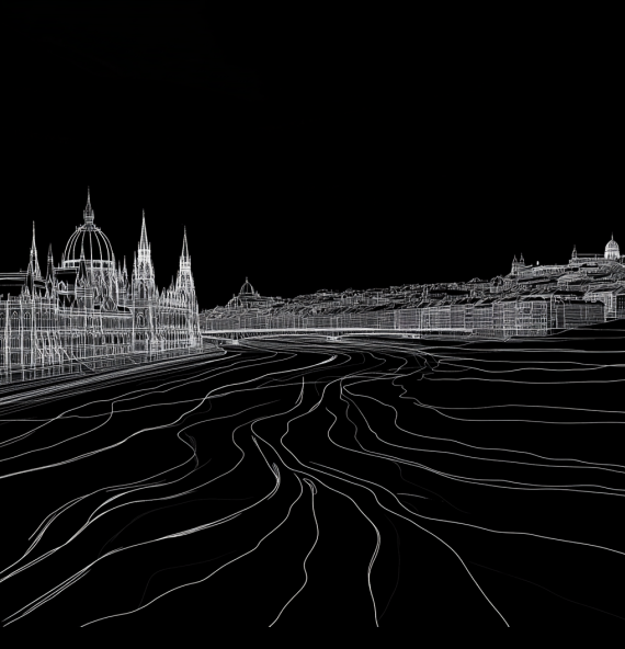 A thin line abstract drawing of Budapest city on black background